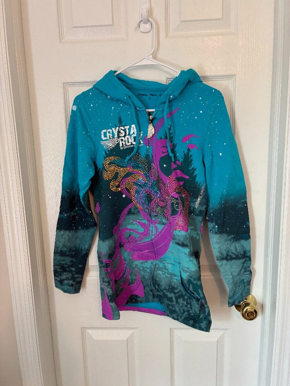 NWT Crystal Rock Christian Audigier Rhinestone Zip Hoodie Y2K Teal M